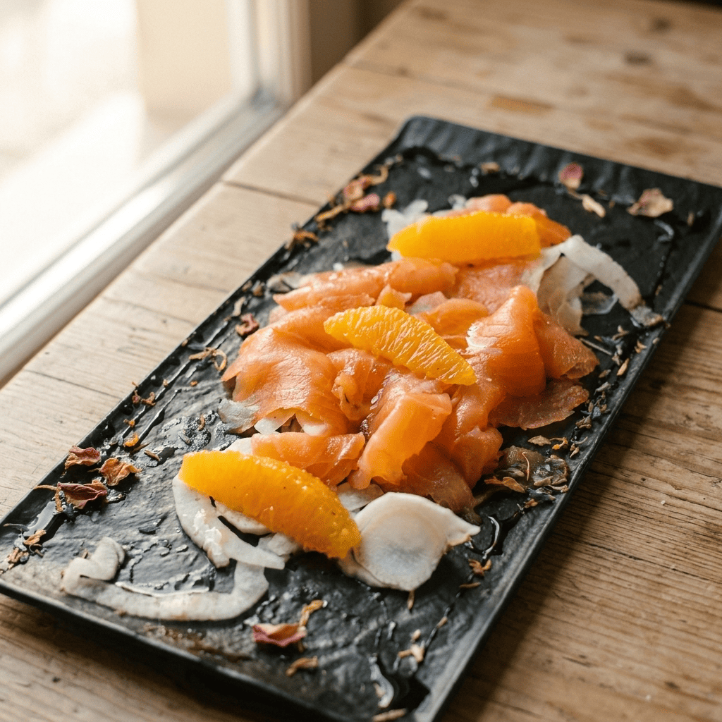 Salmone marinato con cipolla caramellata